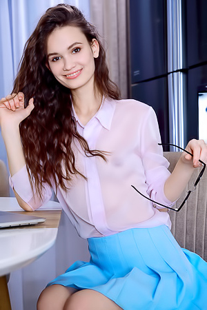 Anastasia Bella Vivacious Cutie Takes Off Her Glasses And Unbuttons Her Sheer Shirt